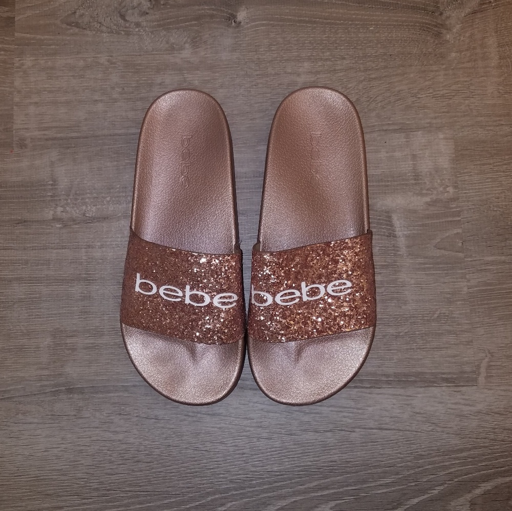 bebe pink sparkling slides